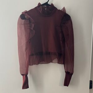 Zara Burgundy Sheer Ruffle Blouse